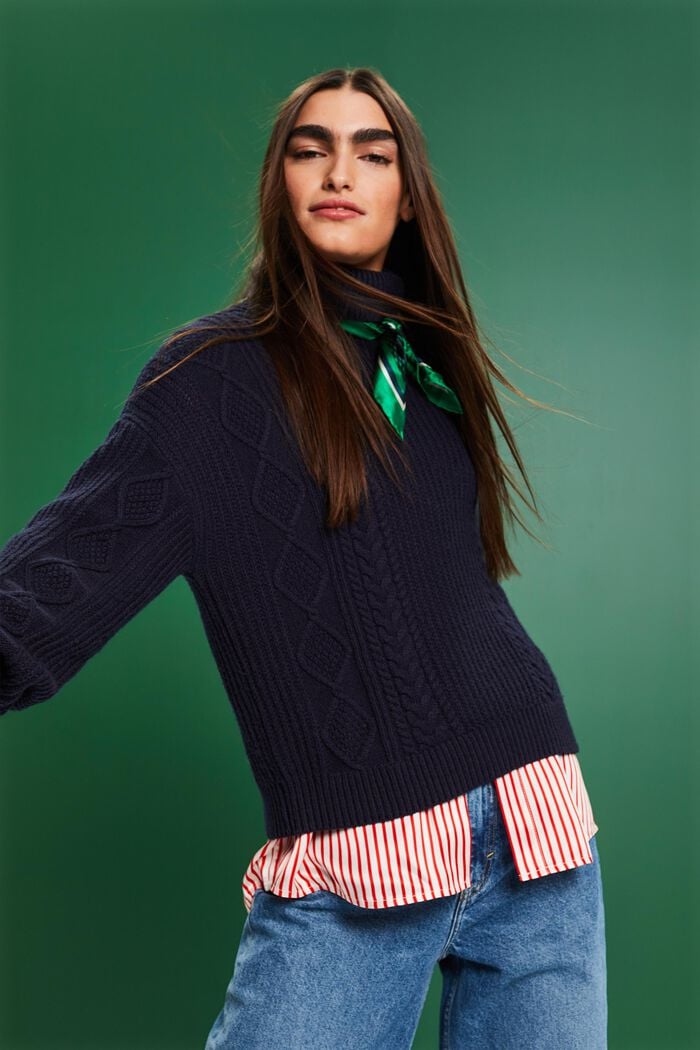 Sweter z półgolfem i wzorem w warkocze, NAVY, detail image number 0