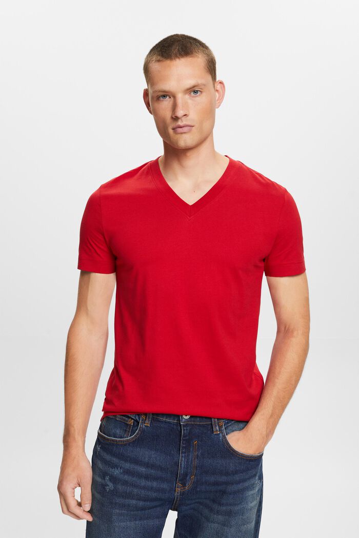 T-shirt z dekoltem w serek, 100% bawełny, DARK RED, detail image number 0
