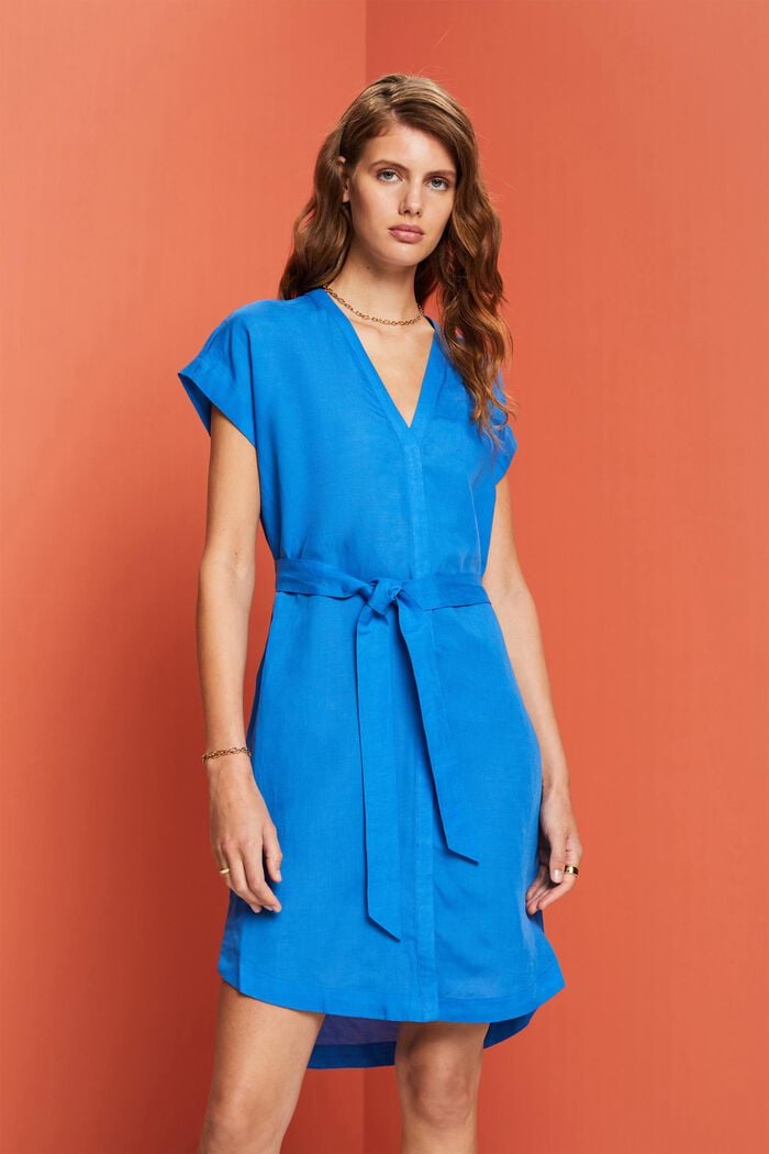 Sukienka w stylu tuniki z paskiem, mieszanka lnu, BRIGHT BLUE, detail image number 0