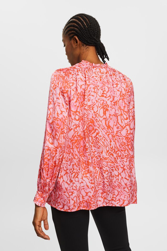 Wzorzysta, satynowa bluzka z falbankami na brzegach, PINK, detail image number 3