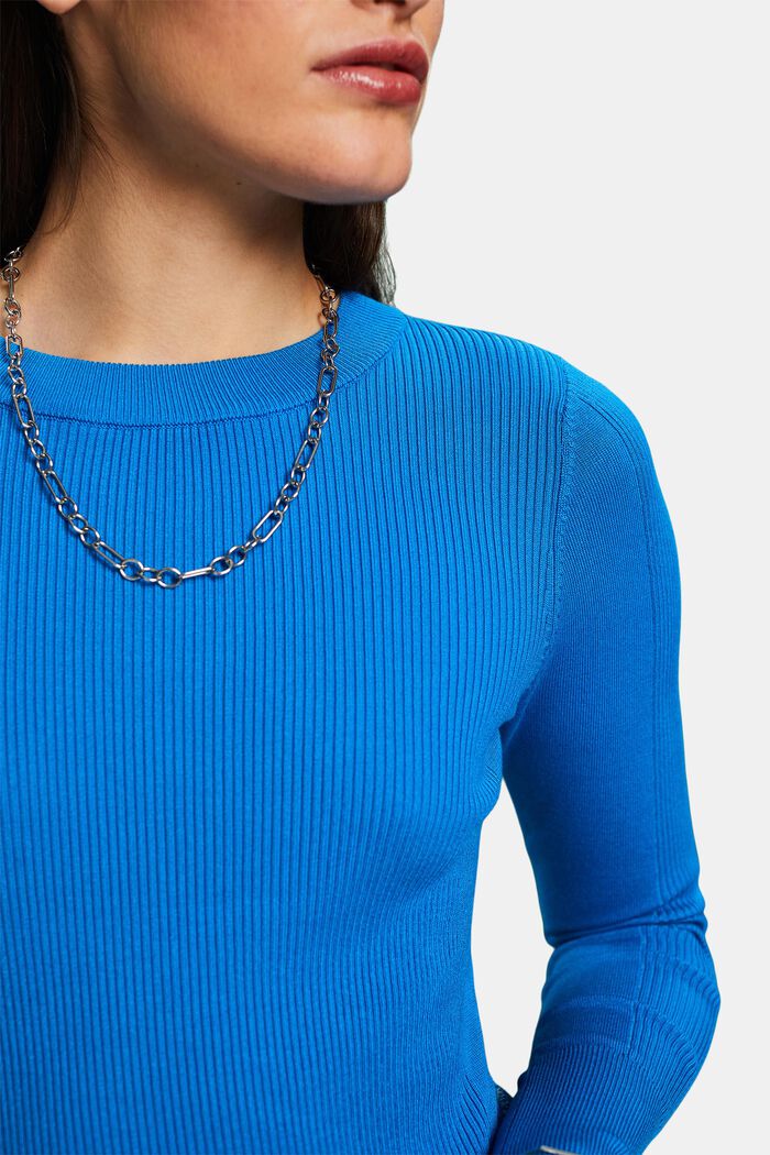 Sweter z prążkowanej dzianiny z okrągłym dekoltem, BLUE, detail image number 3