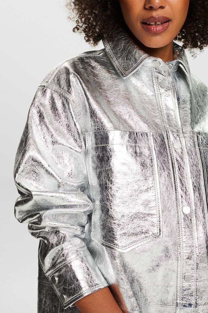 Powlekana metaliczna skórzana kurtka koszulowa, SILVER, detail image number 3