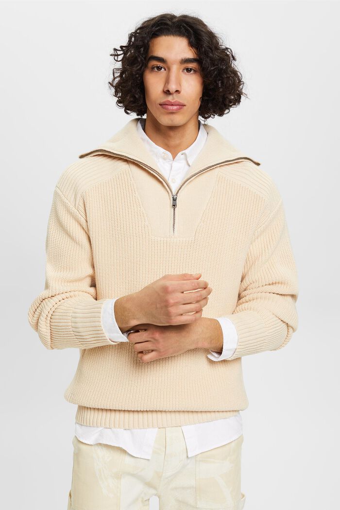 Sweter dzianinowy z zamkiem do połowy długości, LIGHT TAUPE, detail image number 0