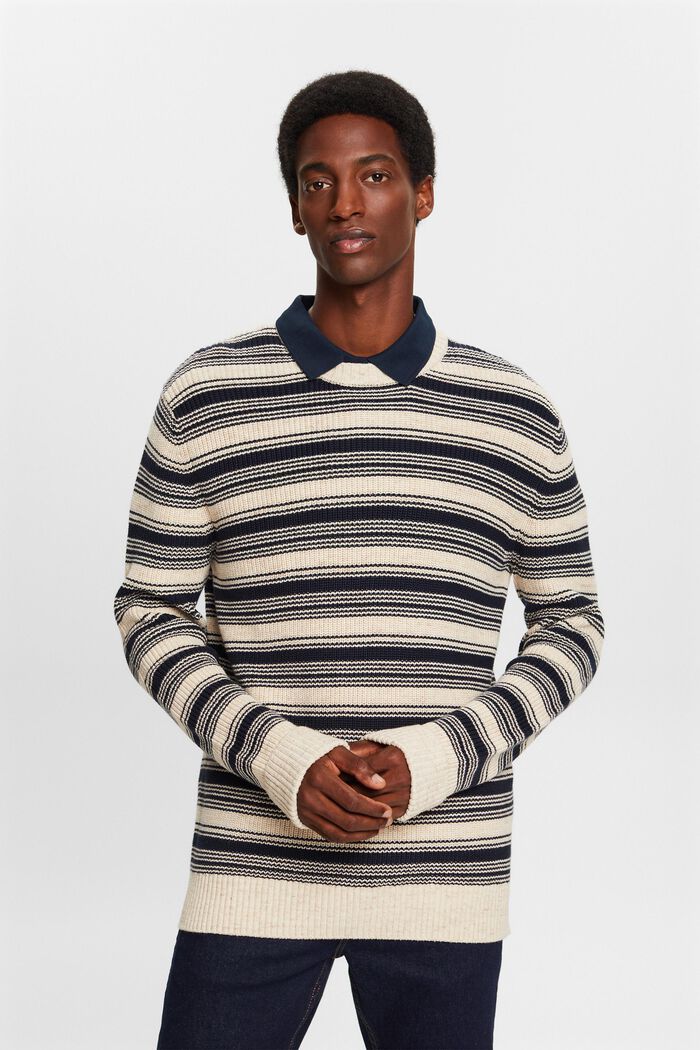 Sweter z okrągłym dekoltem w paski, 100% bawełny, NAVY, detail image number 1