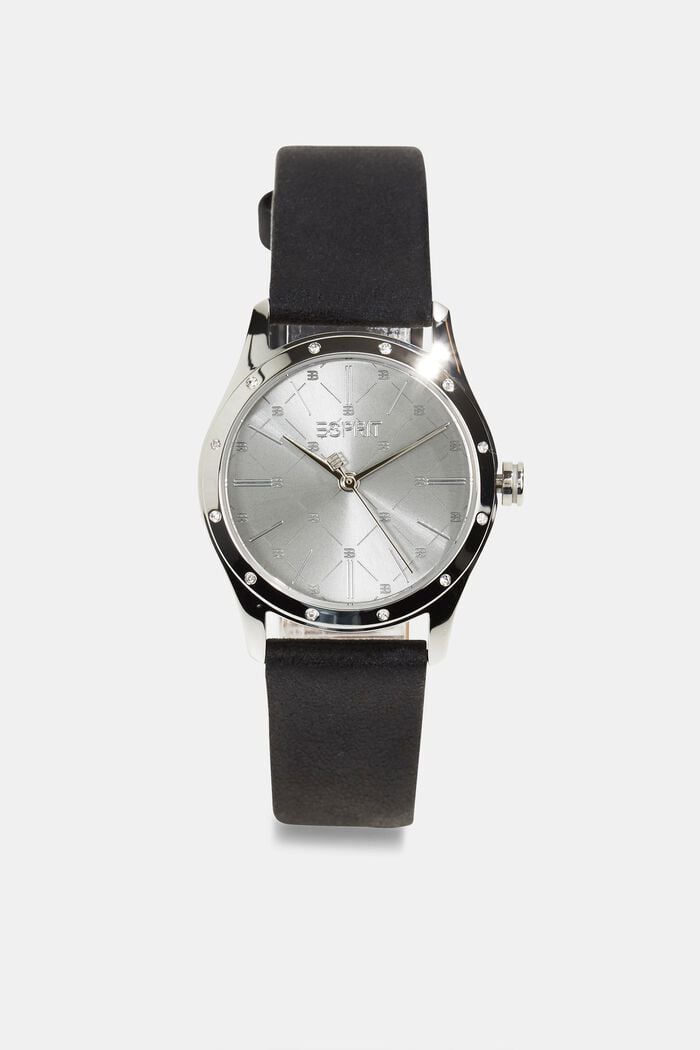 Zegarek ze stali szlachetnej wysadzany cyrkoniami ze skórzaną bransoletką, BLACK, overview