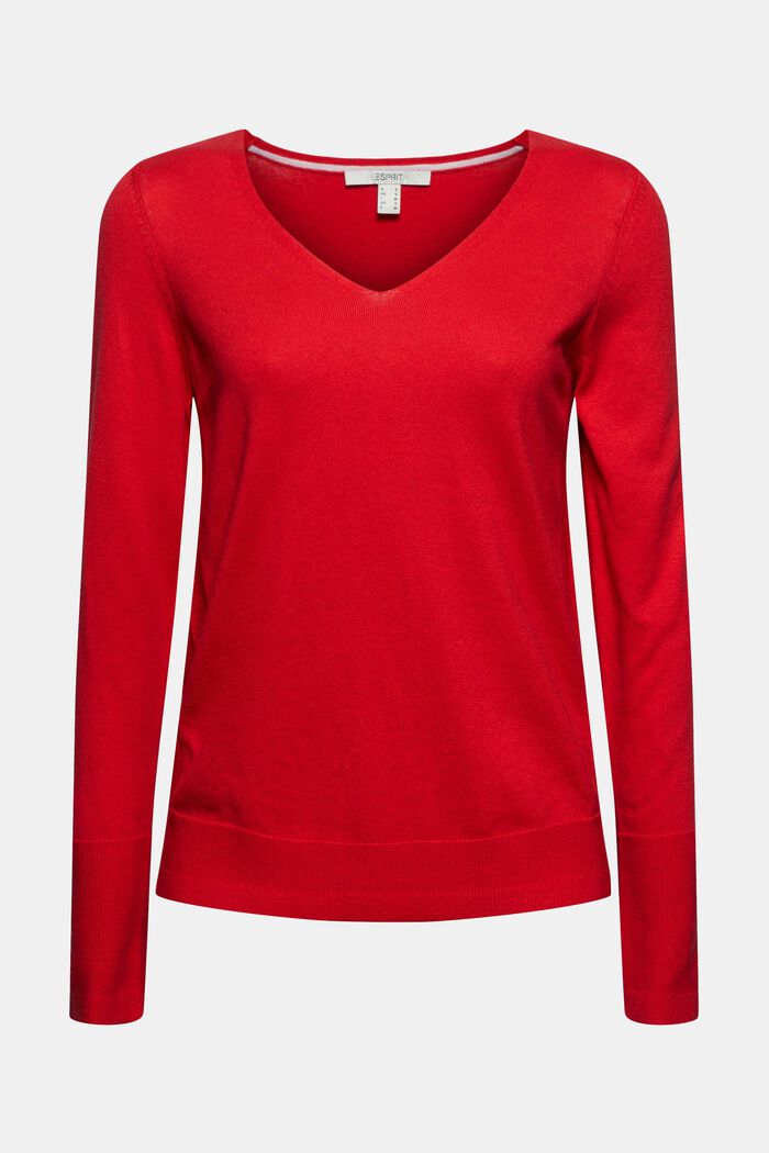 Sweter z dekoltem w serek z bawełną organiczną, RED, detail image number 0