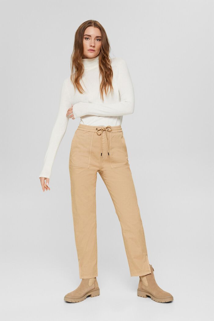 Elastyczne spodnie z gumką w pasie, bawełna organiczna, SAND, detail image number 7