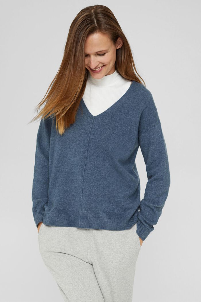 Z wełną: sweter z dekoltem w serek, GREY BLUE, overview