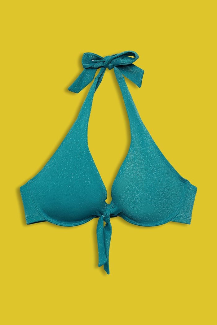 Błyszcząca góra od bikini z wiązaniem na szyi, duże rozmiary, TEAL BLUE, detail image number 1
