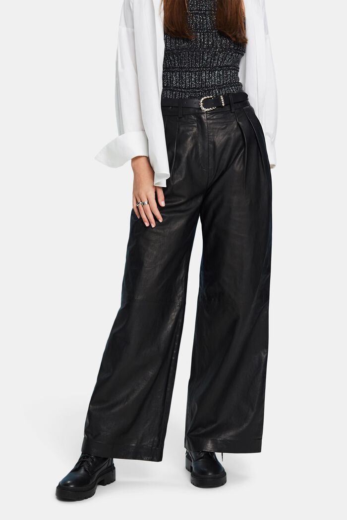 Skórzane spodnie z szerokimi nogawkami, BLACK, detail image number 0