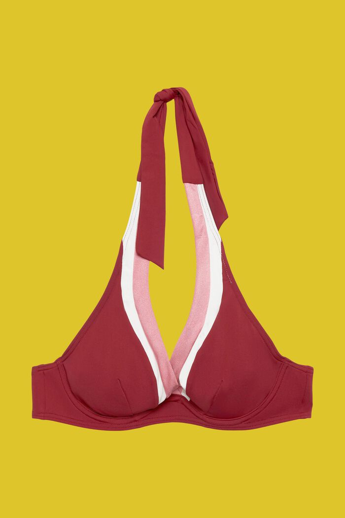 Trójkolorowa góra od bikini z fiszbinami i wiązaniem na szyi, DARK RED, detail image number 4