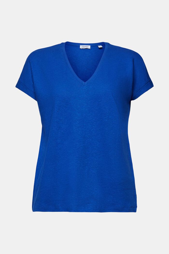 T-shirt z dekoltem w serek z bawełny i lnu, BRIGHT BLUE, detail image number 5