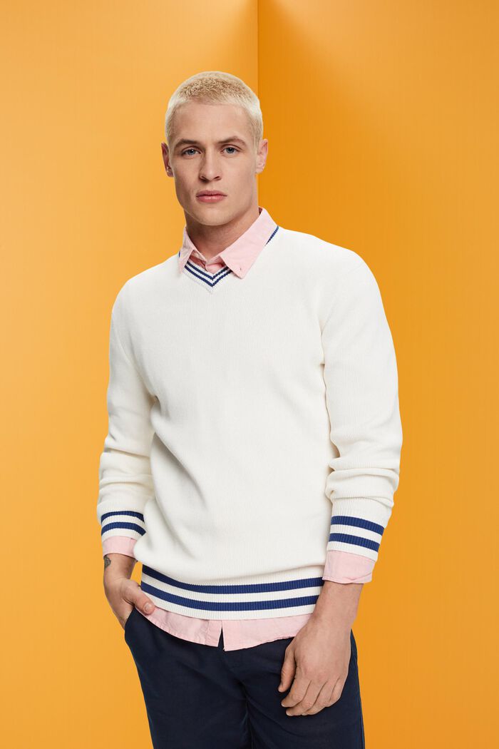 Bawełniany sweter z dekoltem w serek, OFF WHITE, detail image number 0