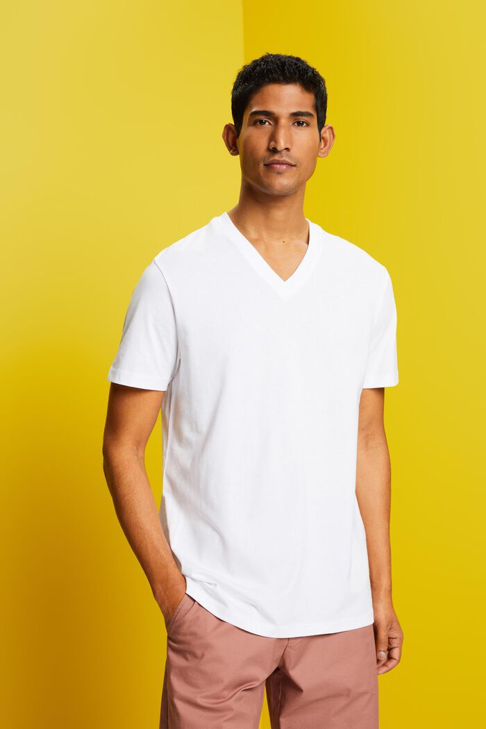 T-shirt z dekoltem w serek, bawełna pima, WHITE, detail image number 0