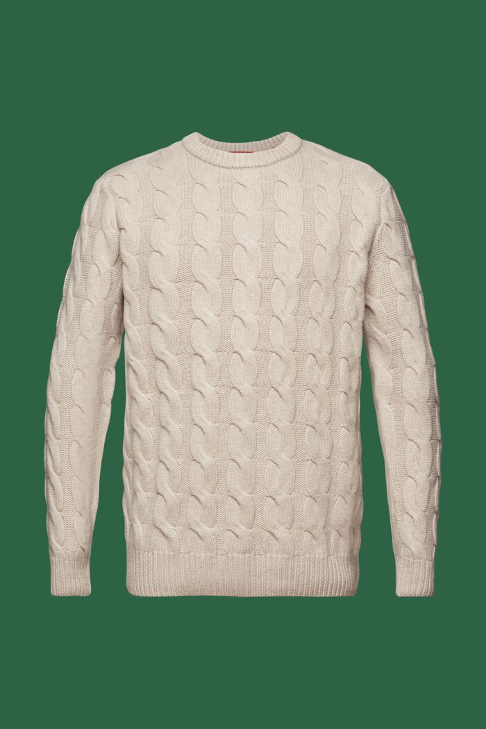Wełniany sweter z dzianiny w warkocze, LIGHT TAUPE, detail image number 6