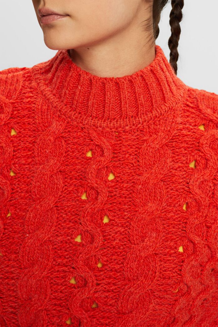 Sweter z mieszanki z wełną z warkoczowym wzorem, BRIGHT ORANGE, detail image number 2