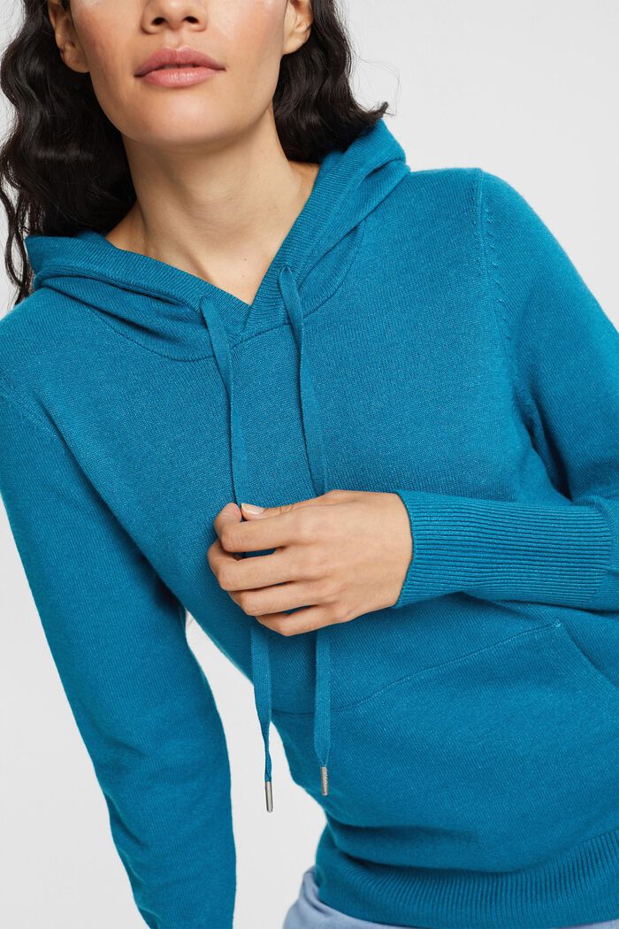 Dzianinowy sweter z kapturem, TEAL BLUE, detail image number 0