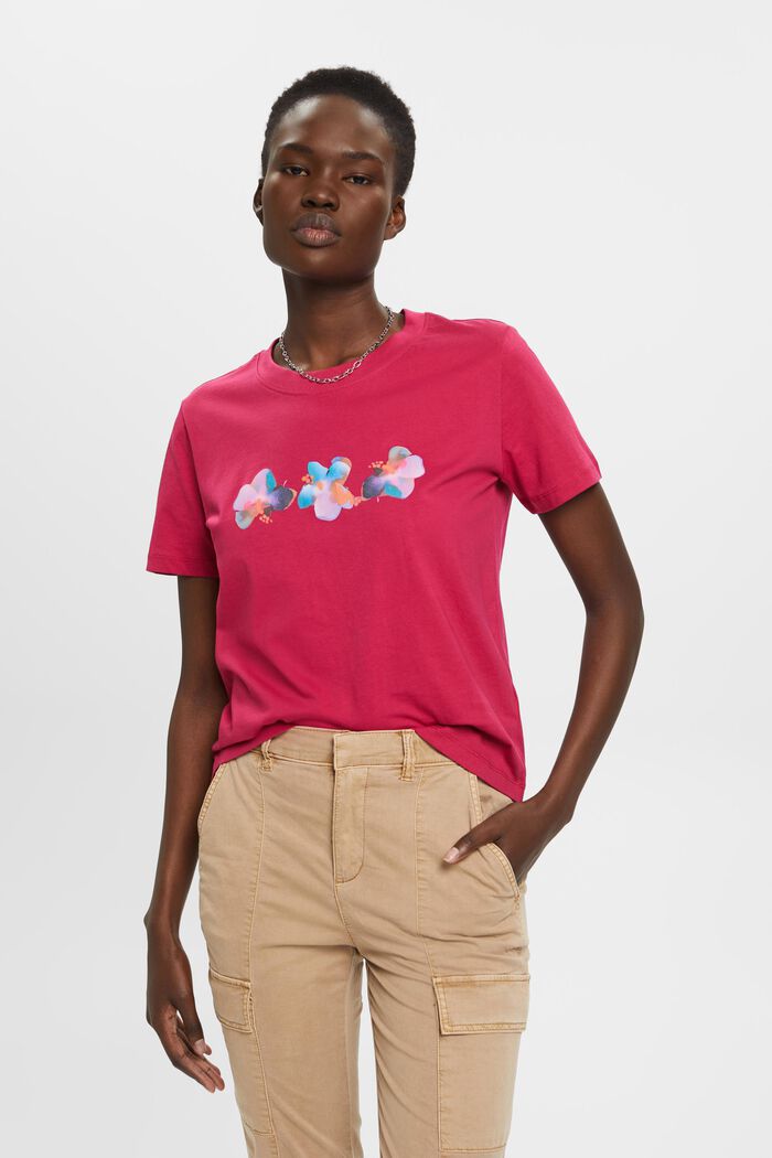 Bawełniany T-shirt z nadrukiem w kwiaty, DARK PINK, detail image number 0