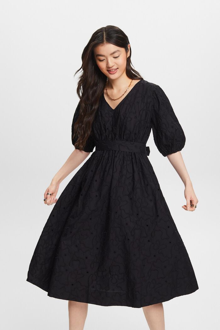 Sukienka midi z bufiastymi rękawami i paskiem, BLACK, detail image number 0