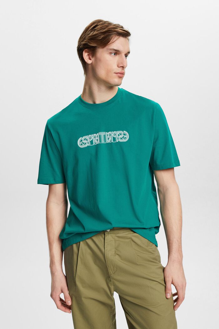 T-shirt z nadrukiem z logo, fason relaxed fit, EMERALD GREEN, detail image number 0