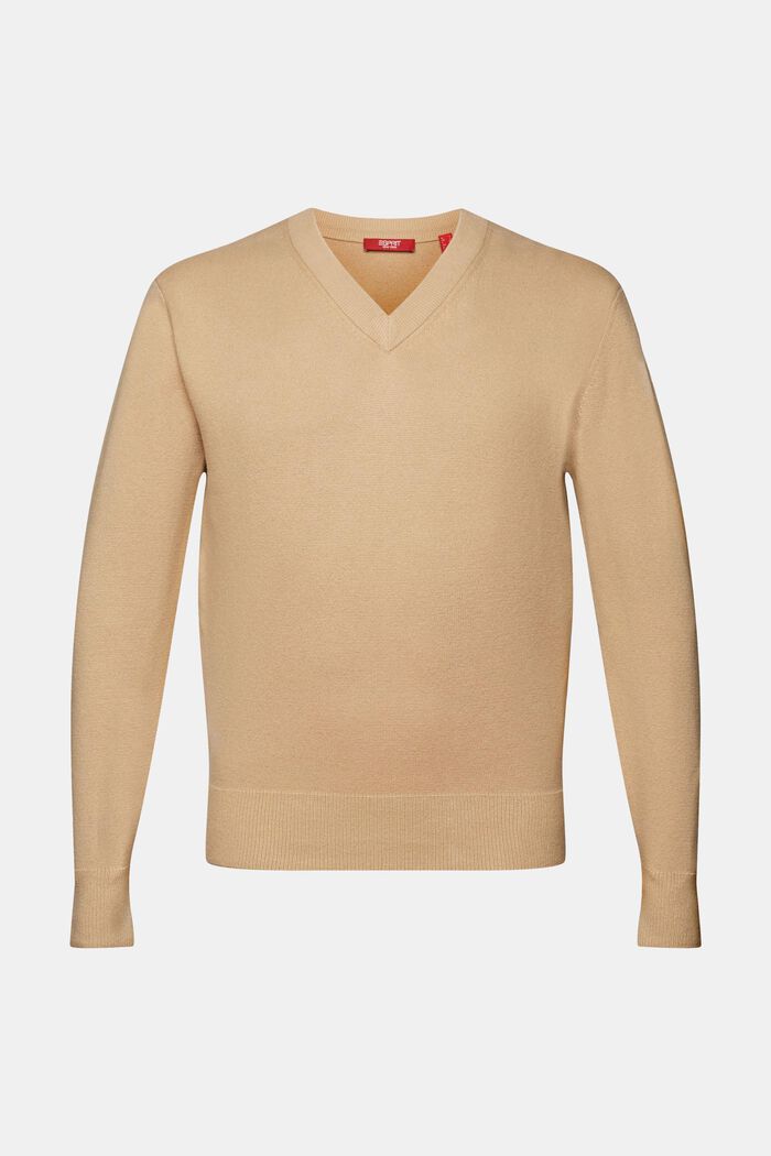 Sweter basic z dekoltem w serek, mieszanka wełniana, SAND, detail image number 5