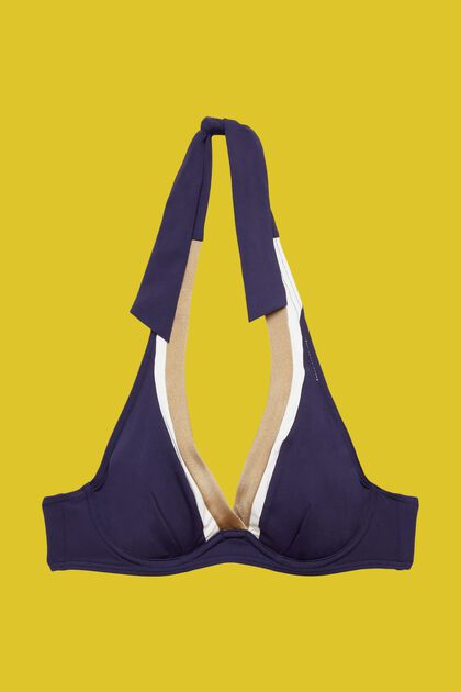 Trójkolorowa góra od bikini z fiszbinami i wiązaniem na szyi