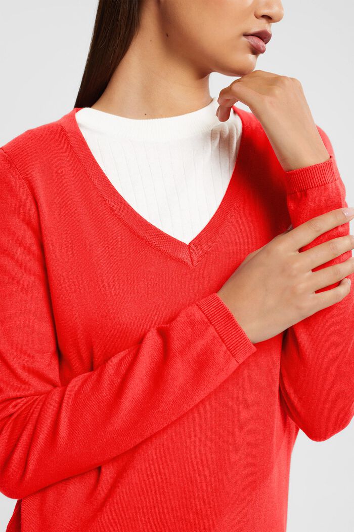 Sweter basic w dekoltem serek, mieszanka bawełniana, RED, detail image number 0