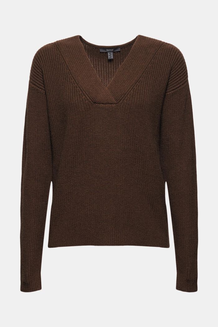 Z wełną/kaszmirem: sweter z bawełny ekologicznej, DARK BROWN, overview