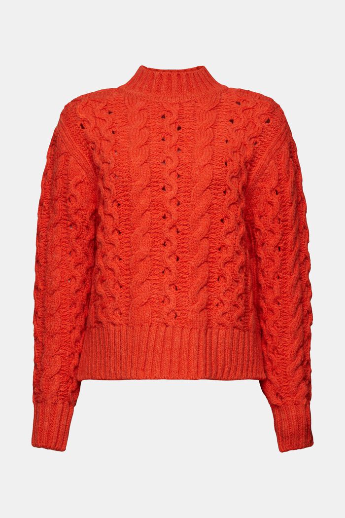 Sweter z mieszanki z wełną z warkoczowym wzorem, BRIGHT ORANGE, detail image number 6