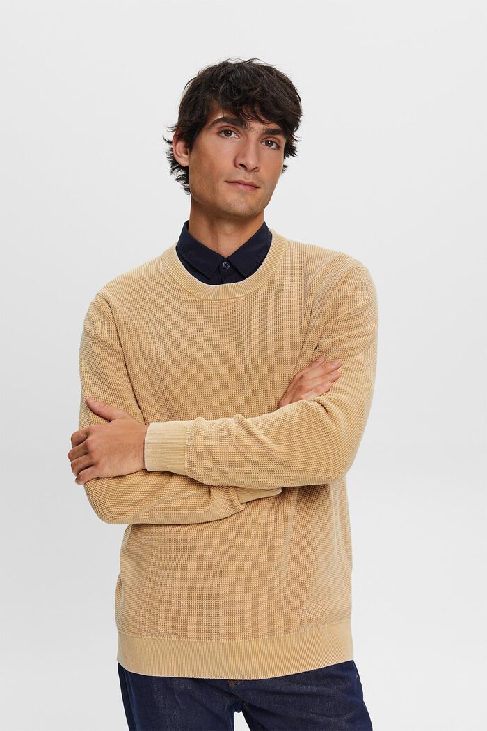 Sweter basic z okrągłym dekoltem, 100% bawełny, BEIGE, detail image number 3