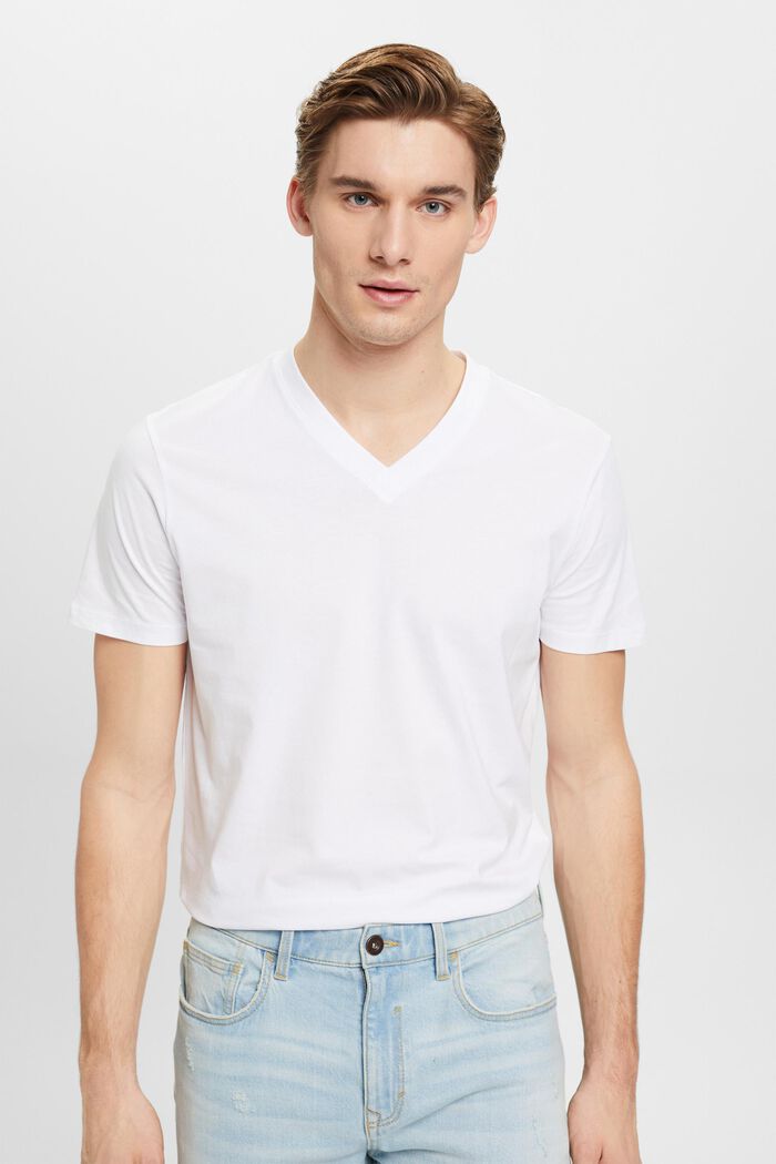 Bawełniany T-shirt z dekoltem w serek, slim fit, WHITE, detail image number 0