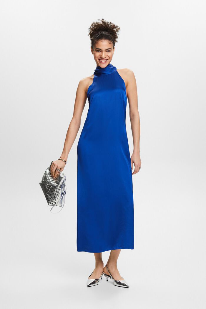 Satynowa sukienka maxi z wiązaniem na szyi, BRIGHT BLUE, detail image number 5