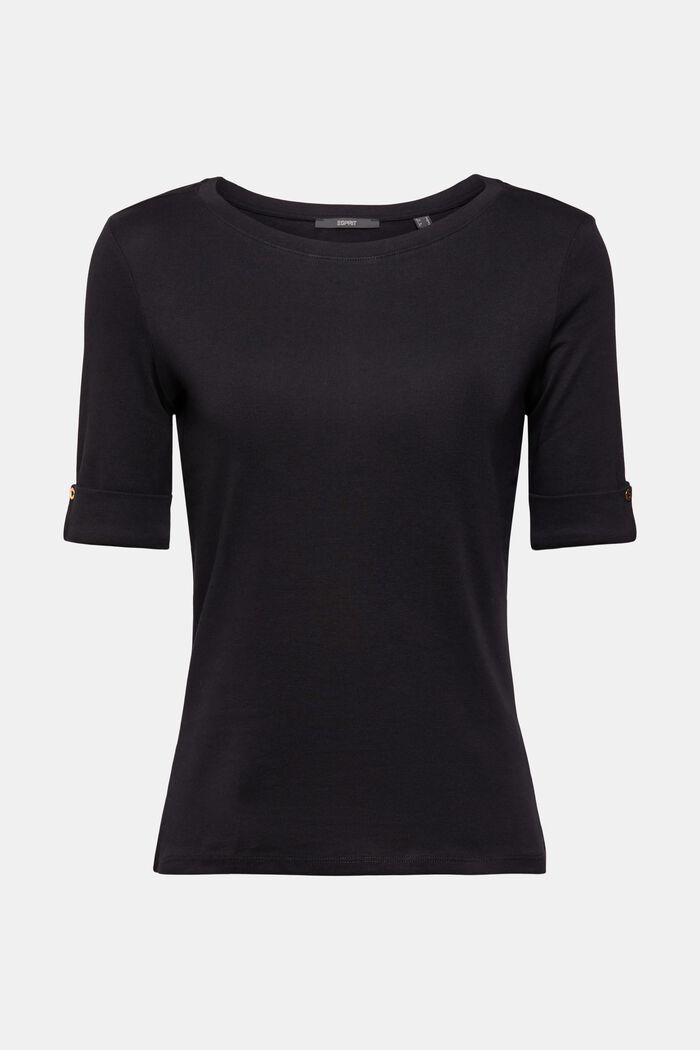 Bawełniany T-shirt z podwiniętymi rękawami, BLACK, overview