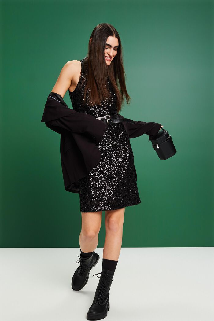 Sukienka midi z cekinów bez rękawów z wiązaniem na szyi, BLACK, detail image number 1