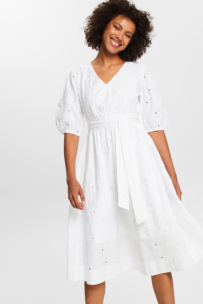 Sukienka midi z bufiastymi rękawami i paskiem, WHITE, detail image number 0