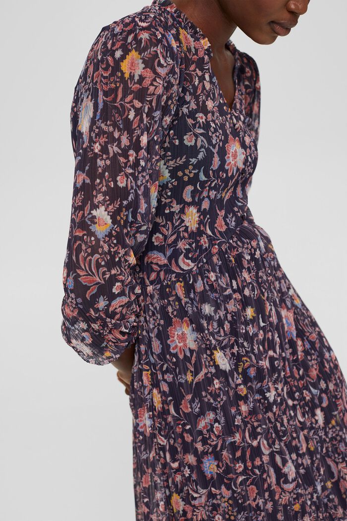 Plisowana sukienka z siateczki z nadrukiem w kwiaty, NAVY, detail image number 3