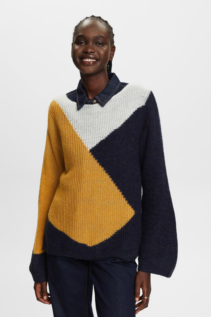 Sweter w bloki kolorów, mieszanka z wełną, BRASS YELLOW, detail image number 0