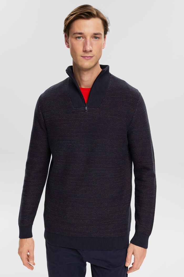 Dzianinowy sweter w kolorowe paski z zamkiem do połowy długości, NAVY, detail image number 0