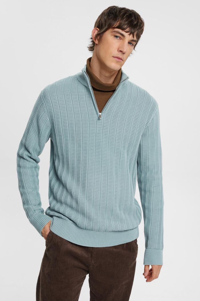 Gruby sweter z zamkiem do połowy długości, GREY BLUE, detail image number 0