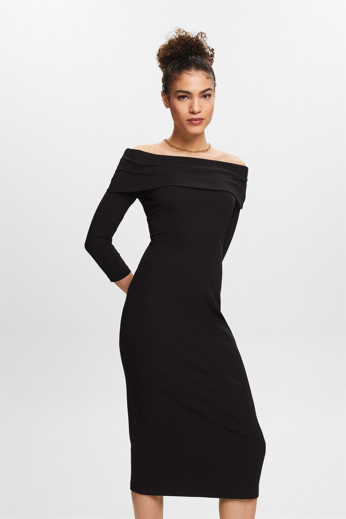 Sukienka midi w prążki z odkrytymi ramionami, BLACK, detail image number 0