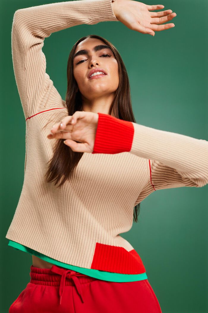 Sweter z prążkowanej dzianiny, BEIGE, detail image number 6