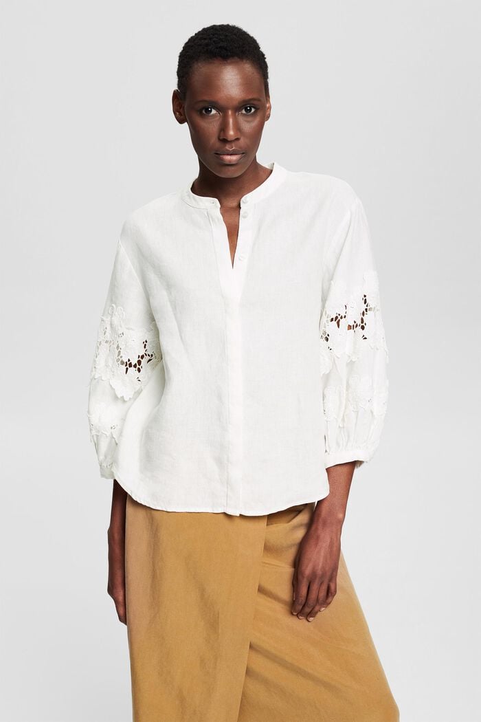 Lniana bluzka z kwiatowym haftem, OFF WHITE, detail image number 0