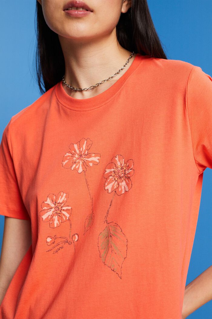 Bawełniany T-shirt z kwiatowym nadrukiem, CORAL ORANGE, detail image number 2