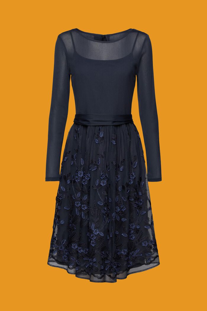 Koronkowa sukienka mini z haftowaną, kwiecistą siateczką i efektem 3D, NAVY, detail image number 6
