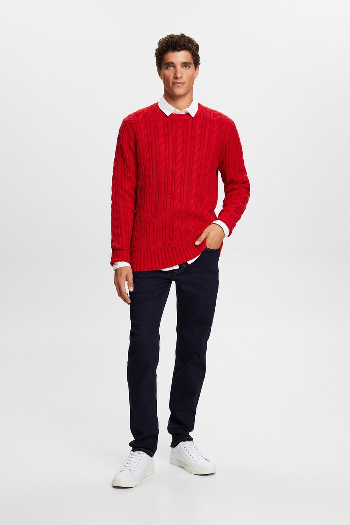Sweter z bawełnianej dzianiny w warkocze, DARK RED, detail image number 0