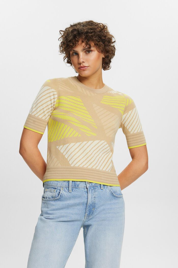 Żakardowy sweter z krótkim rękawem, bawełna ekologiczna, SAND, detail image number 0