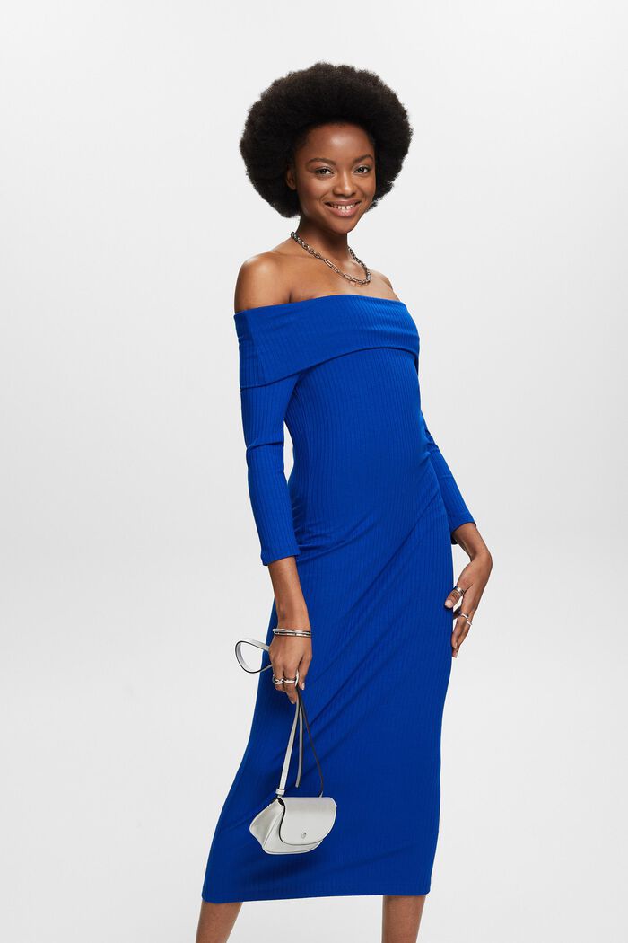 Sukienka midi w prążki z odkrytymi ramionami, BRIGHT BLUE, detail image number 0