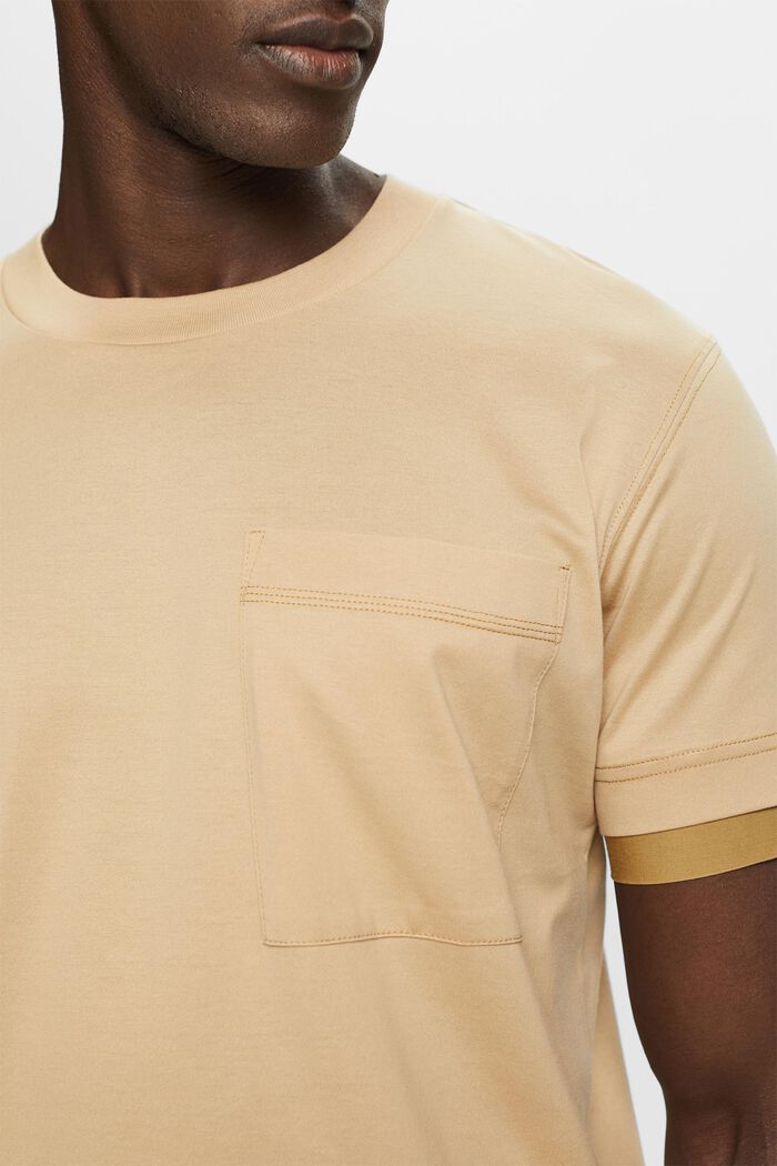 T-shirt z okrągłym dekoltem w warstwowym stylu, 100% bawełna, SAND, detail image number 2