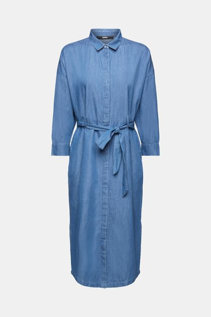 Bawełniana, denimowa sukienka midi z wiązanym paskiem
