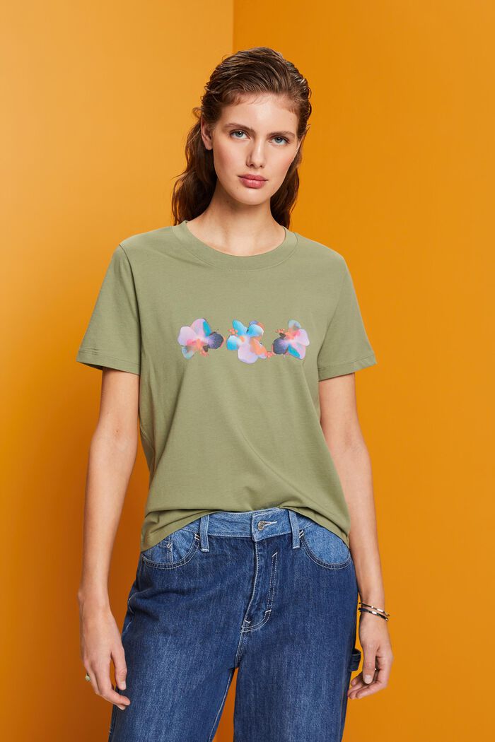 Bawełniany T-shirt z nadrukiem w kwiaty, LIGHT KHAKI, detail image number 0